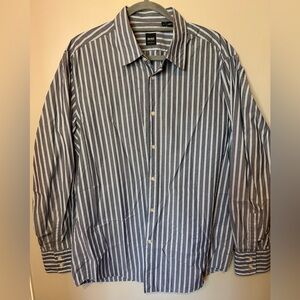 Hugo Boss Men's Gray and White Striped Shirt